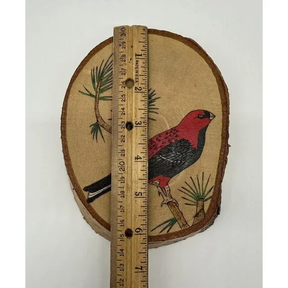 Red Bird Wall Hanging Picture Handmade Signed Live Edge Wood Oval Pine Grosbeak - Picture 6 of 9